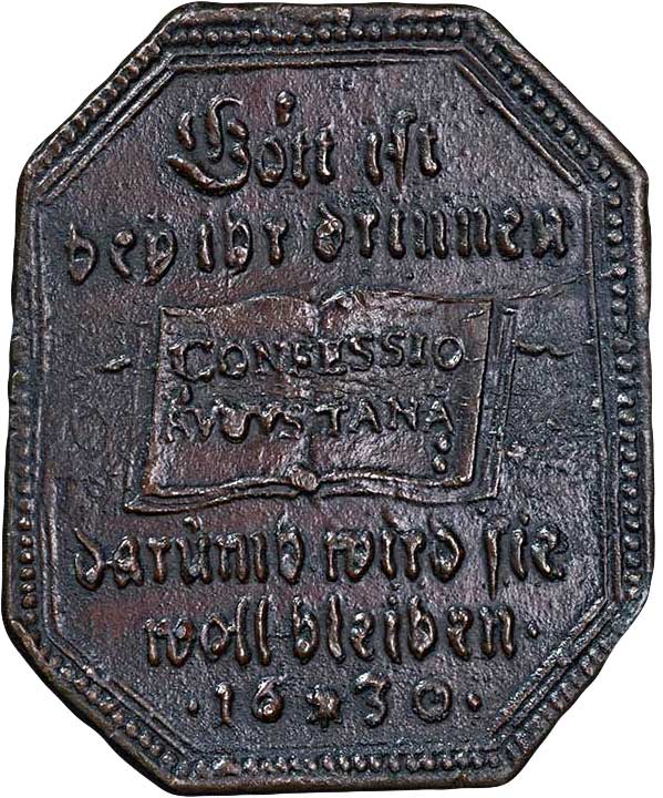 Achteckige Medaille auf das 100-jährige Jubiläum der Augsburger Konfession 1630 (Museum im Melanchthonhaus Bretten CC BY-NC-SA)