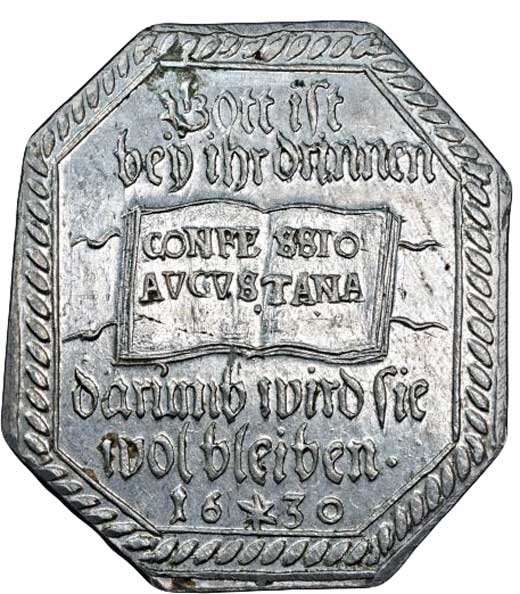 Achteckige Medaille auf das 100-jährige Jubiläum der Augsburger Konfession 1630 (Museum im Melanchthonhaus Bretten CC BY-NC-SA)
