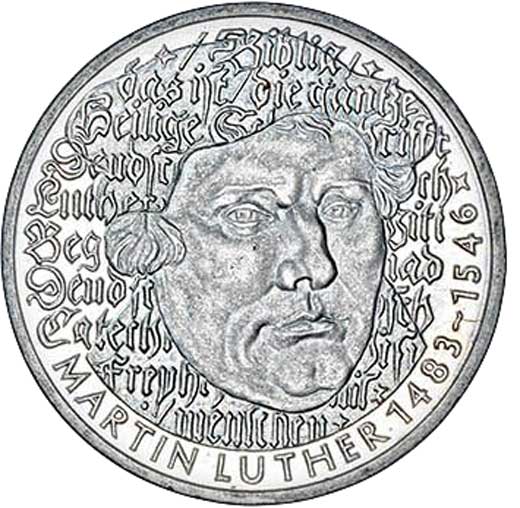 5 Deutsche Mark auf Martin Luthers 500. Geburtstag 1983 (Museum im Melanchthonhaus Bretten CC BY-NC-SA)
