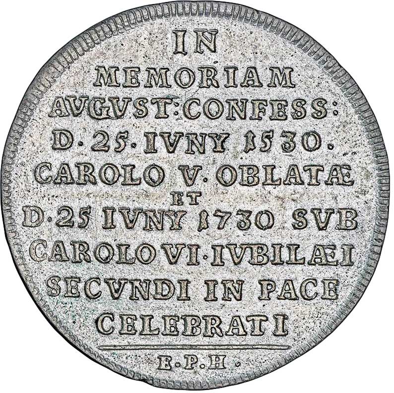 Medaille auf das 200-jährige Jubiläum der Augsburger Konfession 1730 (Galvano Rückseite) (Museum im Melanchthonhaus Bretten CC BY-NC-SA)