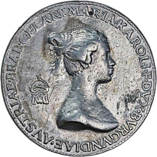 Medaille zur Hochzeit Maximilians von Habsburg-Österreich mit Maria von Burgund am  20. August 1477, um 1478 (Galvano Rückseite) (Museum im Melanchthonhaus Bretten CC BY-NC-SA)
