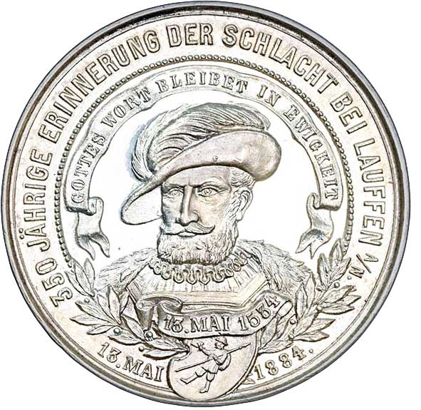 Medaille auf das 350-jährige Jubiläum der Schlacht bei Lauffen 1884 (Museum im Melanchthonhaus Bretten CC BY-NC-SA)