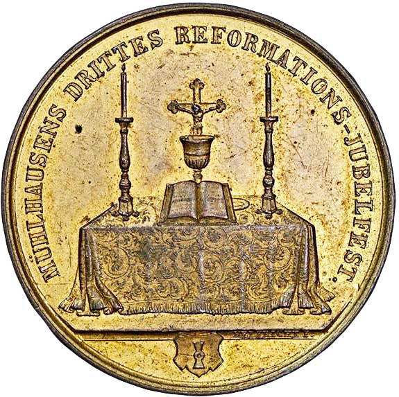 Medaille auf das 300-jährige Reformationsjubiläum in Mühlhausen/Thüringen 1842 (Museum im Melanchthonhaus Bretten CC BY-NC-SA)
