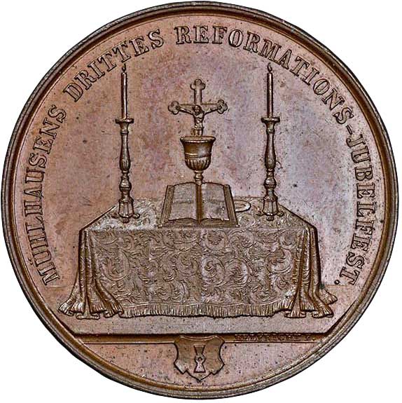 Medaille auf das 300-jährige Reformationsjubiläum in Mühlhausen/Thüringen 1842 (Museum im Melanchthonhaus Bretten CC BY-NC-SA)