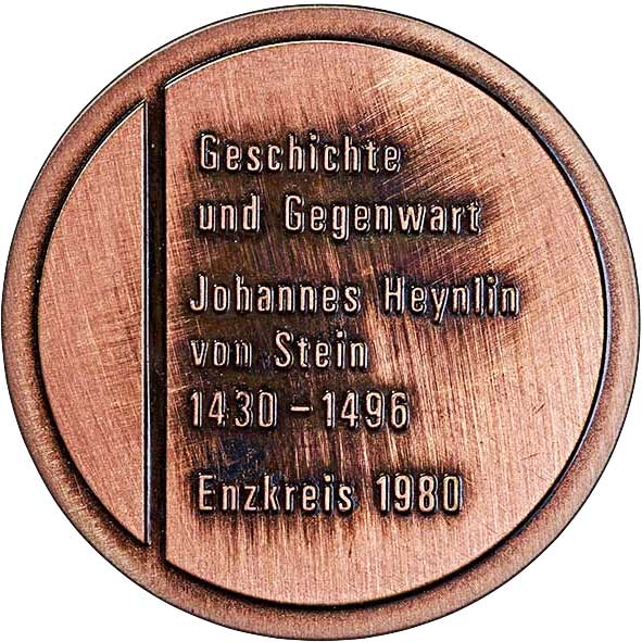 Medaille zum 500. Geburtstag von Johannes Heynlin von Stein 1980 (Museum im Melanchthonhaus Bretten CC BY-NC-SA)