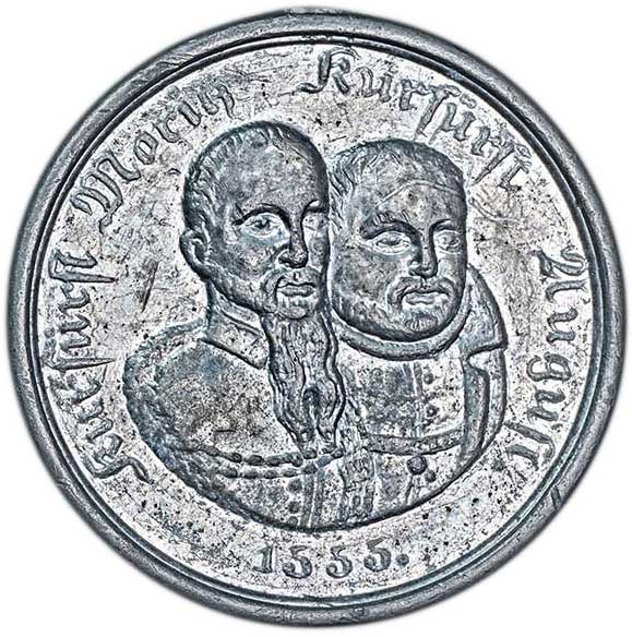 Medaille auf das 300-jährige Jubiläum des Augsburger Religionsfriedens 1855 (Museum im Melanchthonhaus Bretten CC BY-NC-SA)