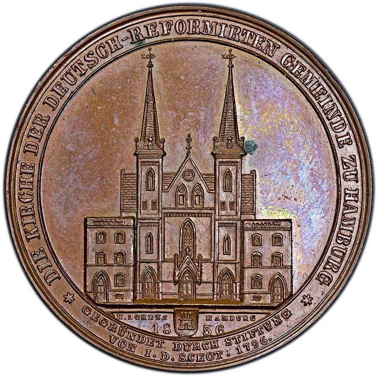 Medaille auf die Einweihung der deutsch-reformierten Kirche in Hamburg 1856 (Museum im Melanchthonhaus Bretten CC BY-NC-SA)
