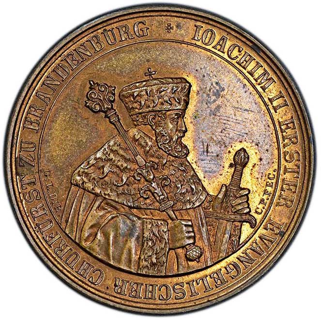 Medaille auf das 300-jährige Reformationsjubiläum in der Mark Brandenburg 1839 (Museum im Melanchthonhaus Bretten CC BY-NC-SA)