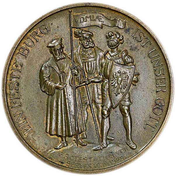 Medaille auf den 400. Jahrestag der Speyerer Protestation 1929 (Museum im Melanchthonhaus Bretten CC BY-NC-SA)