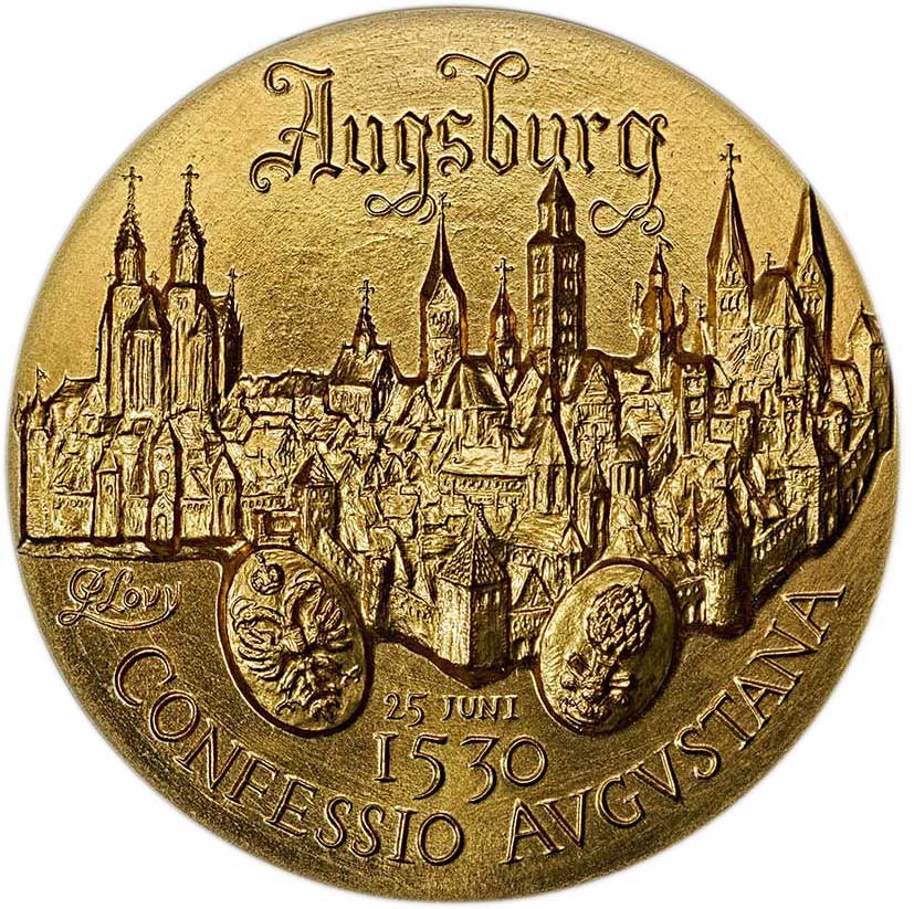 Medaille anlässlich der 450-Jahrfeier der Confessio Augustana 1980 (Museum im Melanchthonhaus Bretten CC BY-NC-SA)