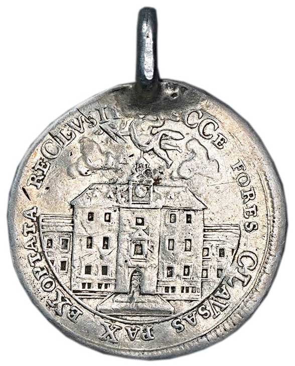 Medaille auf das 100-jährige Jubiläum des Westfälischen Friedens, für die Schüler des Gymnasiums St. Anna 1748 (Museum im Melanchthonhaus Bretten CC BY-NC-SA)