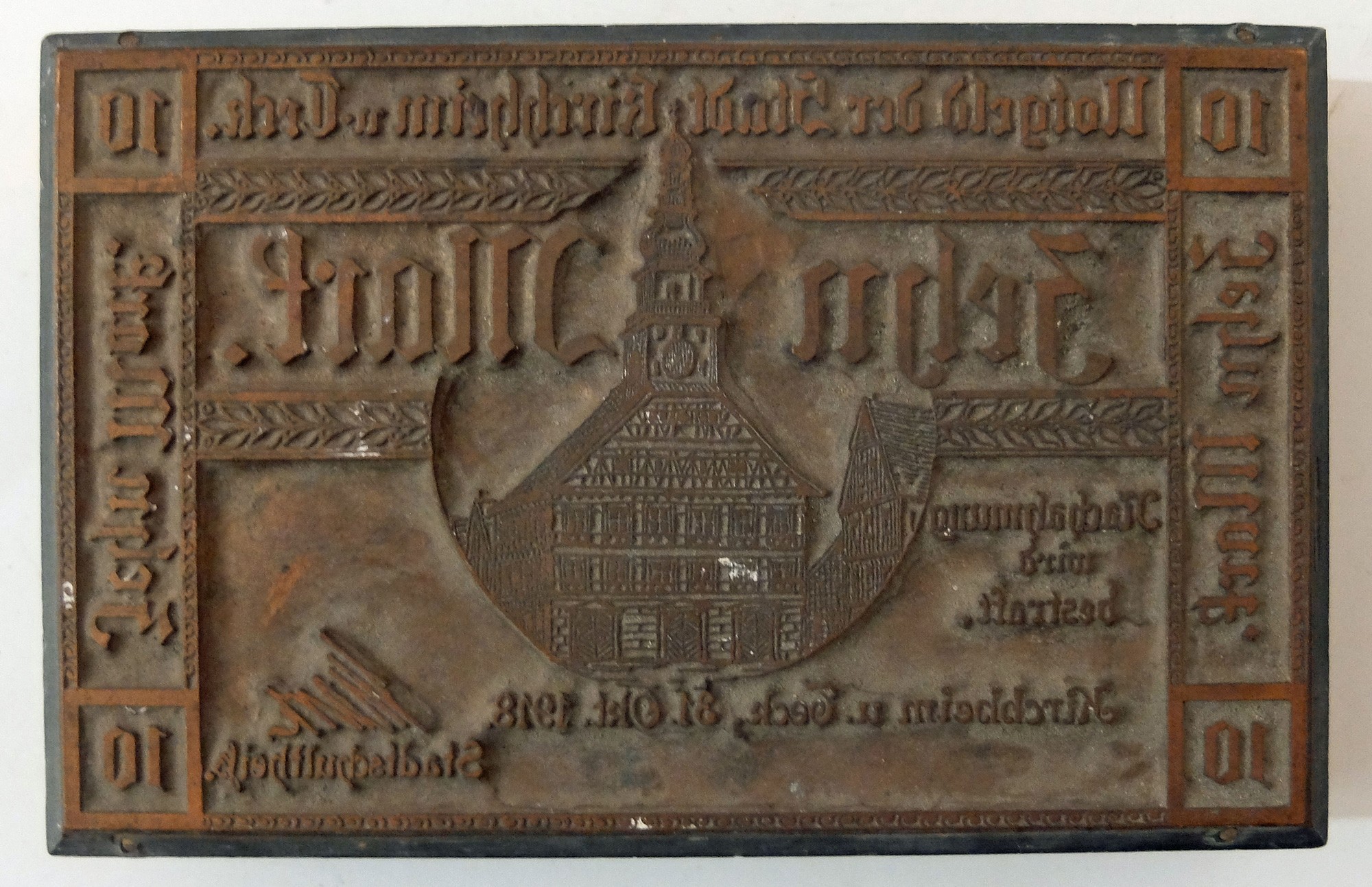 Druckstock für Kirchheimer Notgeld "Zehn Mark" (Vorderseite) (Städtisches Museum im Kornhaus Kirchheim u. T. CC BY-NC-SA)