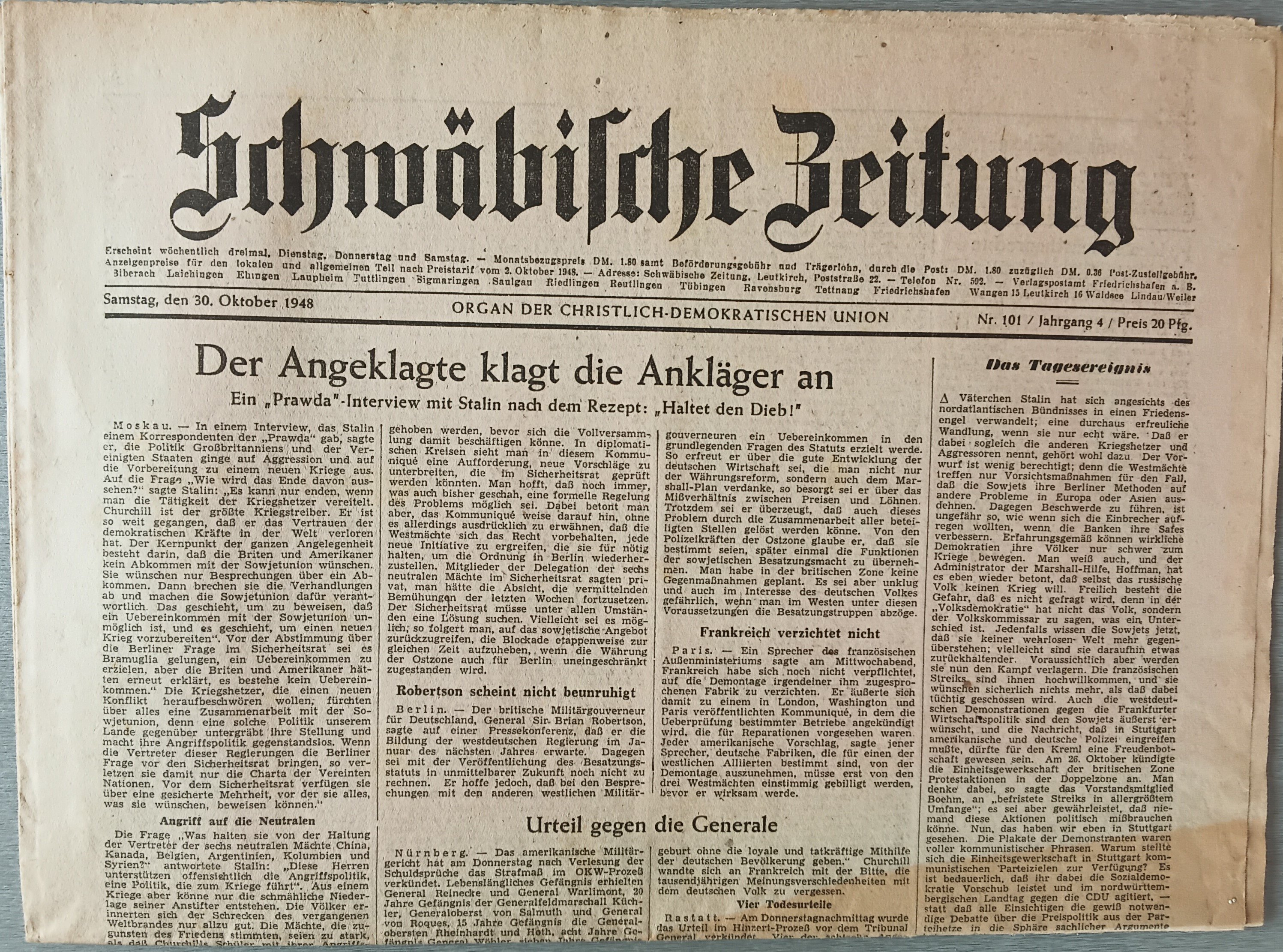 Schwäbische Zeitung 30. Oktober 1948 (Heimatmuseum Aichstetten CC BY-NC-SA)