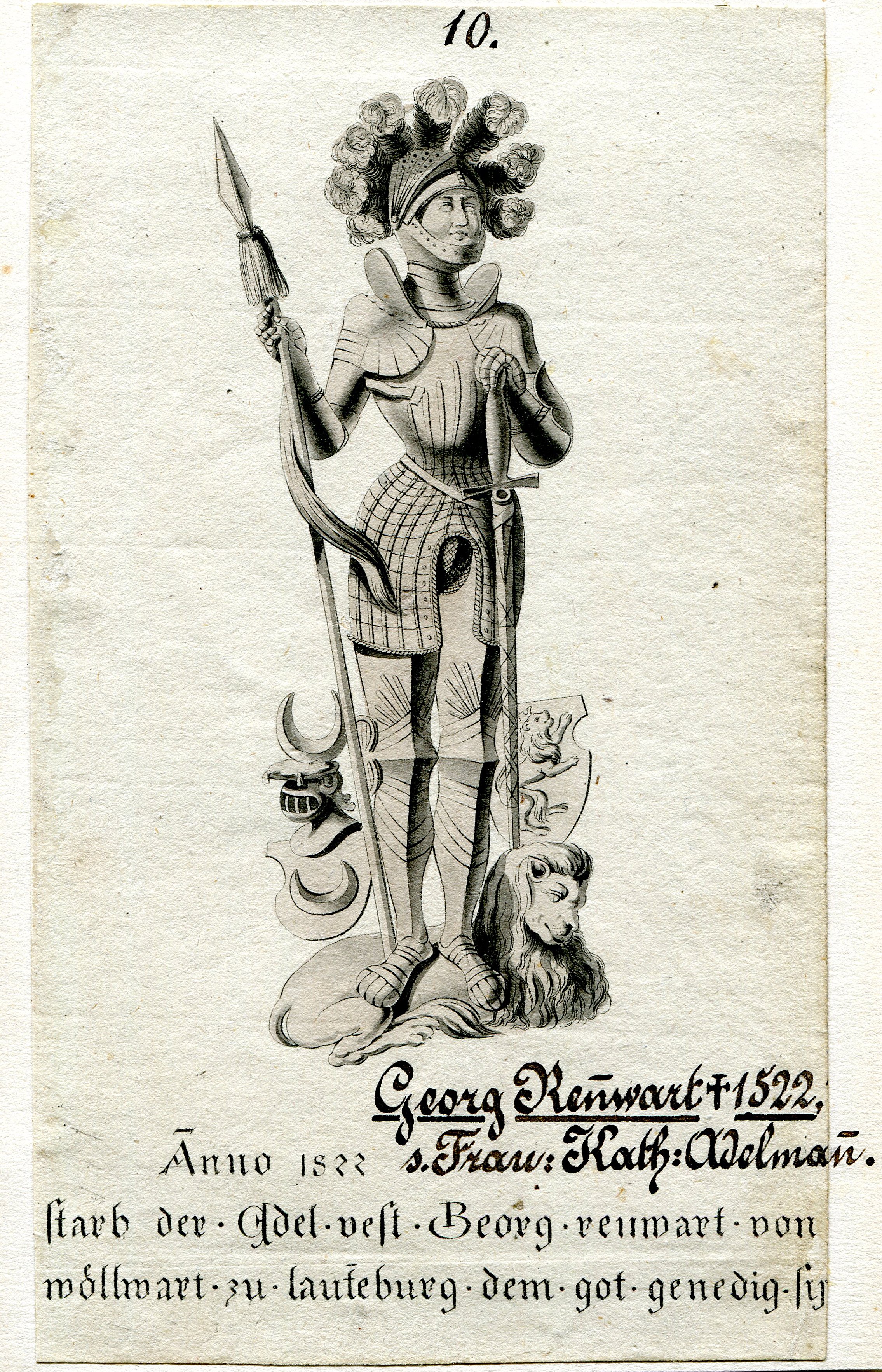 Radierung: Grabplatte des Georg Rennwart von Wöllwarth (gest. 1522) im Kloster Lorch (Museum im Prediger (mit Galerie im Prediger sowie Silberwarenmuseum Ott-Pausersche Fabrik) CC BY-NC-SA)