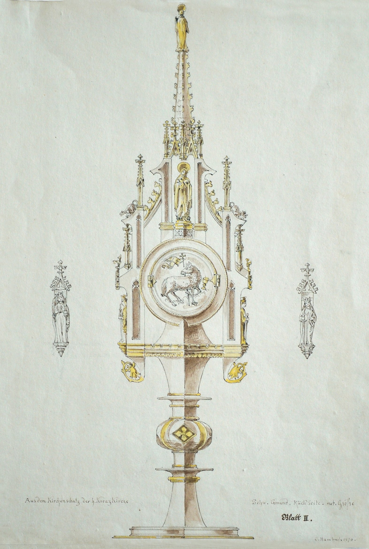 Aquarell: Rückseite des Sebastian-Reliquiar im Heilig-Kreuz-Münster (Münsterschatz) in Schwäbisch Gmünd (Museum im Prediger Schwäbisch Gmünd CC BY-NC-SA)
