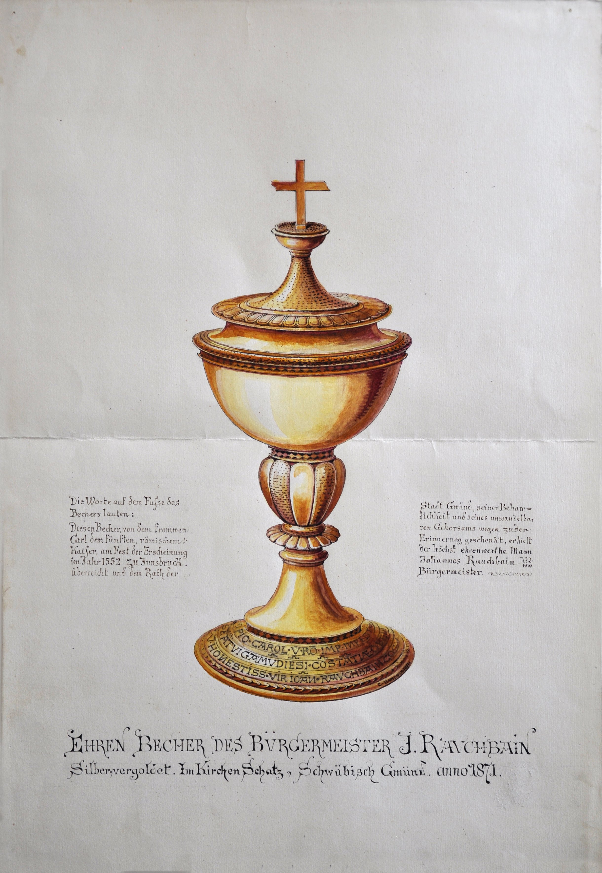 Aquarell: Rauchbein-Pokal aus dem Münsterschatz des Heilig-Kreuz-Münsters in Schwäbisch Gmünd (Museum im Prediger Schwäbisch Gmünd CC BY-NC-SA)