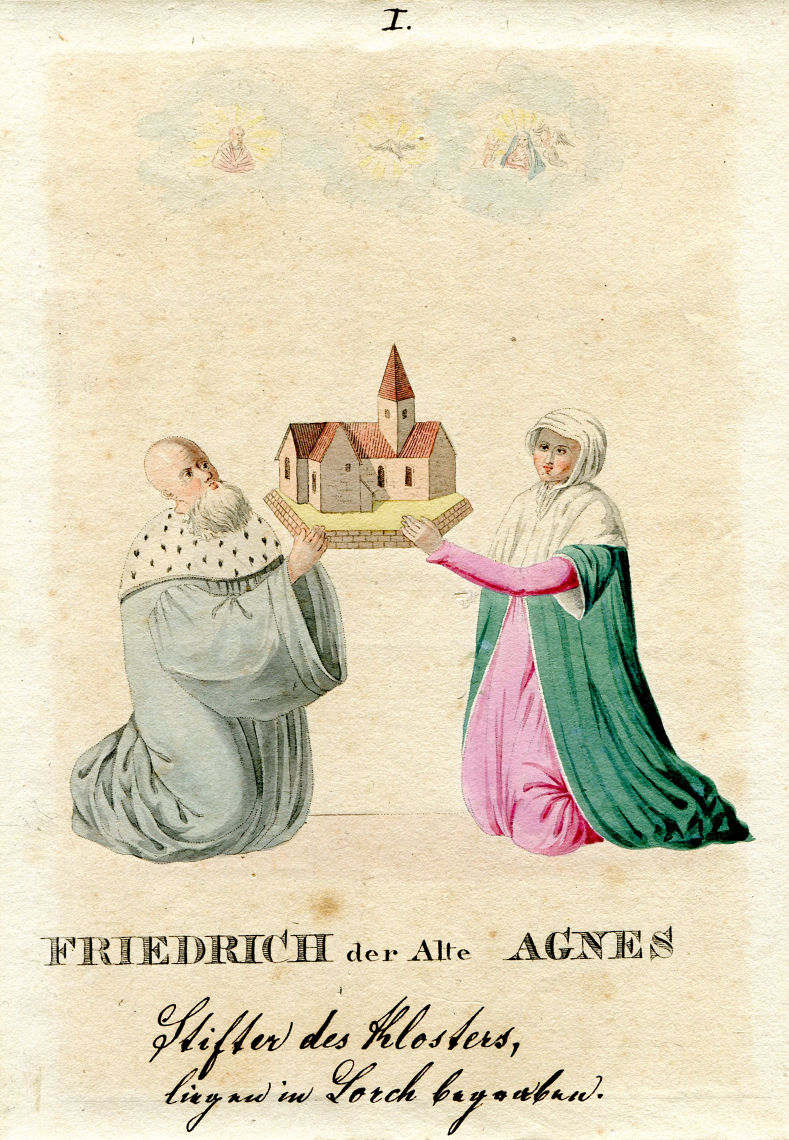 Radierung: Nachzeichnung eines Freskos mit dem Bildnis Herzog Friedrich I. von Schwaben und seine Gemahlin Agnes im Kloster Lorch (Museum im Prediger CC BY-NC-SA)