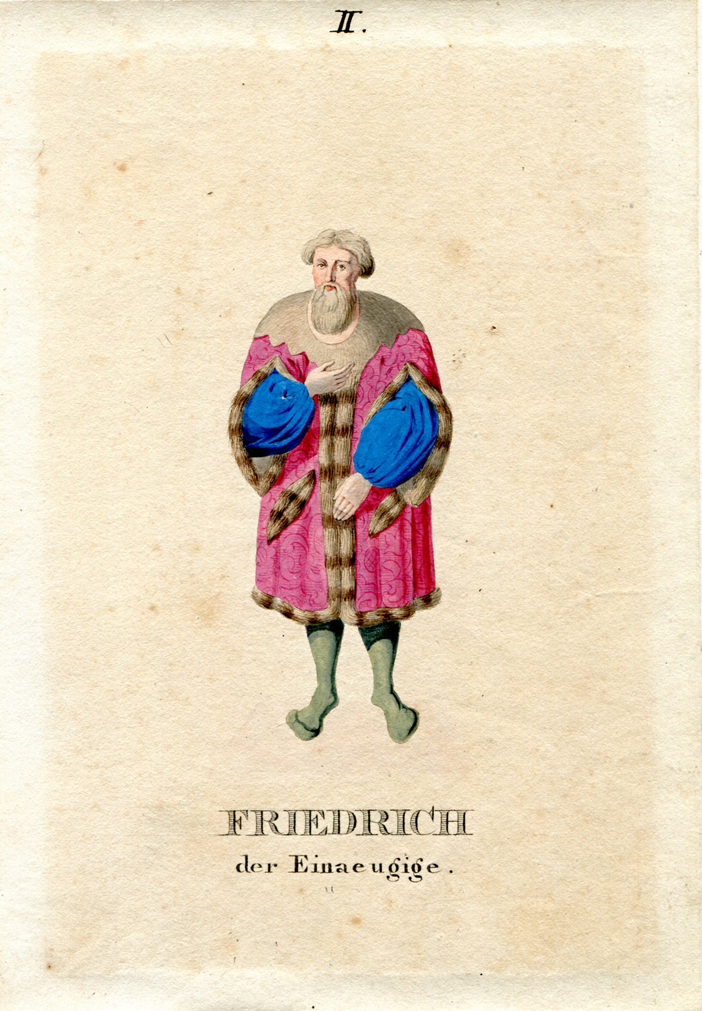 Radierung: Nachzeichnung eines Freskos mit dem Bildnis Friedrich der Einäugige im Kloster Lorch (Museum im Prediger Schwäbisch Gmünd CC BY-NC-SA)