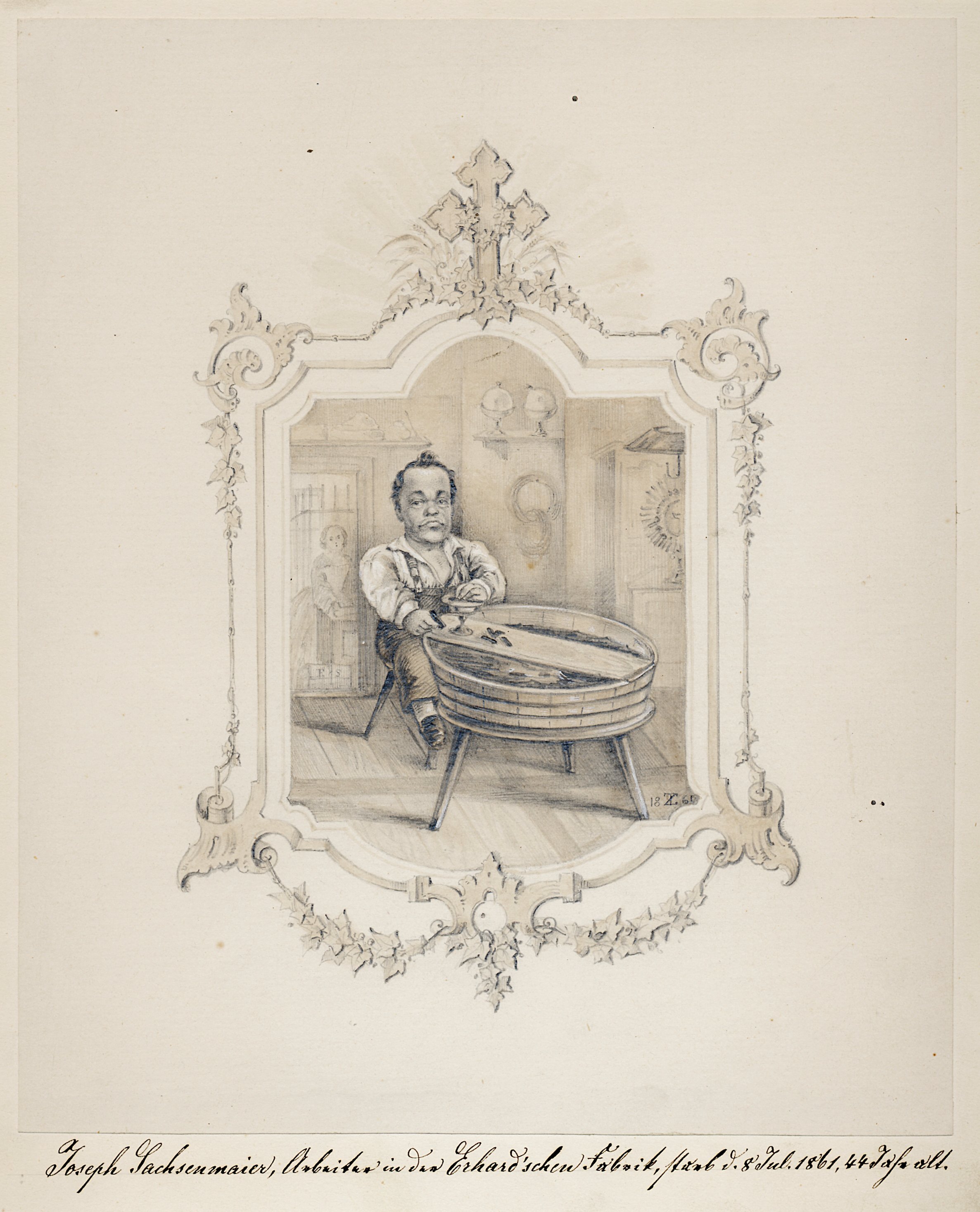 Handzeichnung: Porträt des Schleifers Joseph Sachsenmeier (1817 -1861) (Museum im Prediger / Galerie im Prediger / Silberwarenmuseum Ott-Pauser'sche Fabrik CC BY-NC-SA)