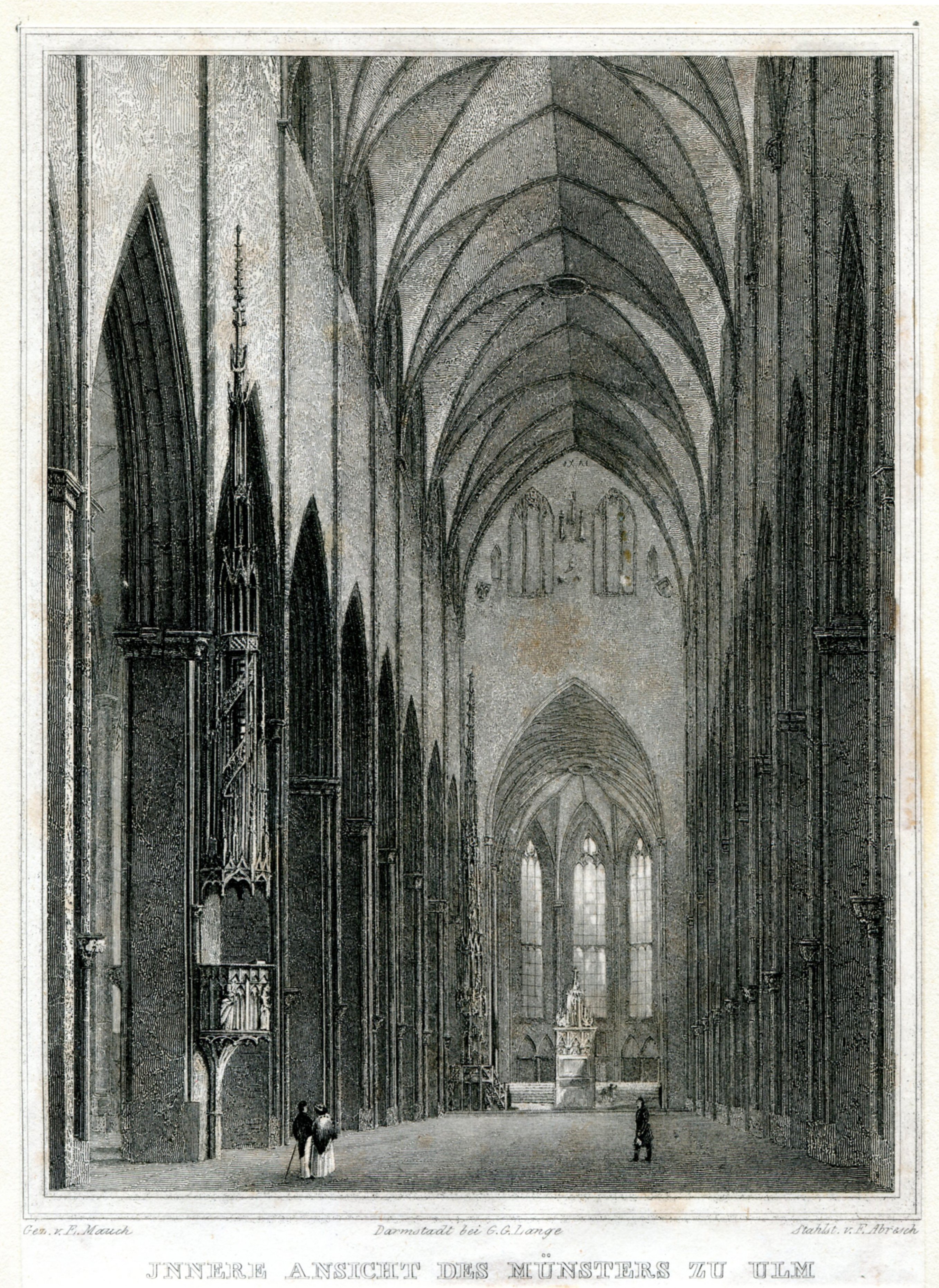 Druckgrafik: Innenansicht des Münsters zu Ulm (Museum im Prediger / Galerie im Prediger / Silberwarenmuseum Ott-Pauser'sche Fabrik CC BY-NC-SA)