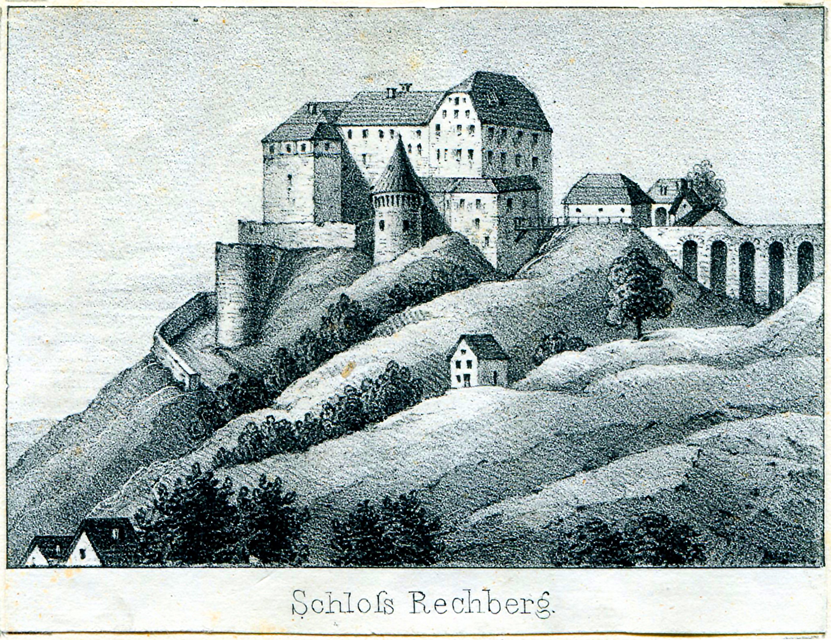 Druckgrafik: Die Burg Rechberg von Süden (Museum im Prediger / Galerie im Prediger / Silberwarenmuseum Ott-Pauser'sche Fabrik CC BY-NC-SA)