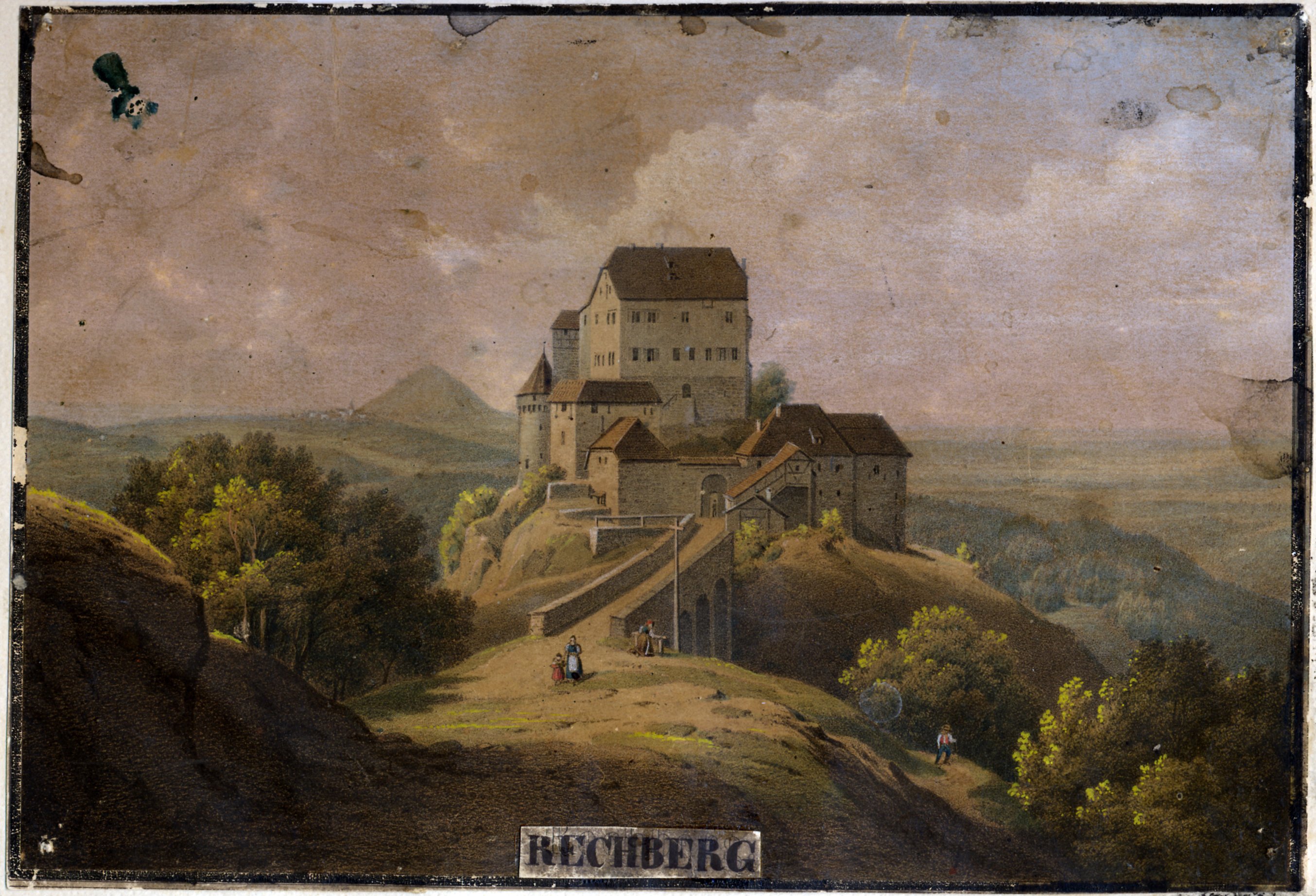Druckgrafik: Die Burg Rechberg von Nordosten (Museum im Prediger / Galerie im Prediger / Silberwarenmuseum Ott-Pauser'sche Fabrik CC BY-NC-SA)