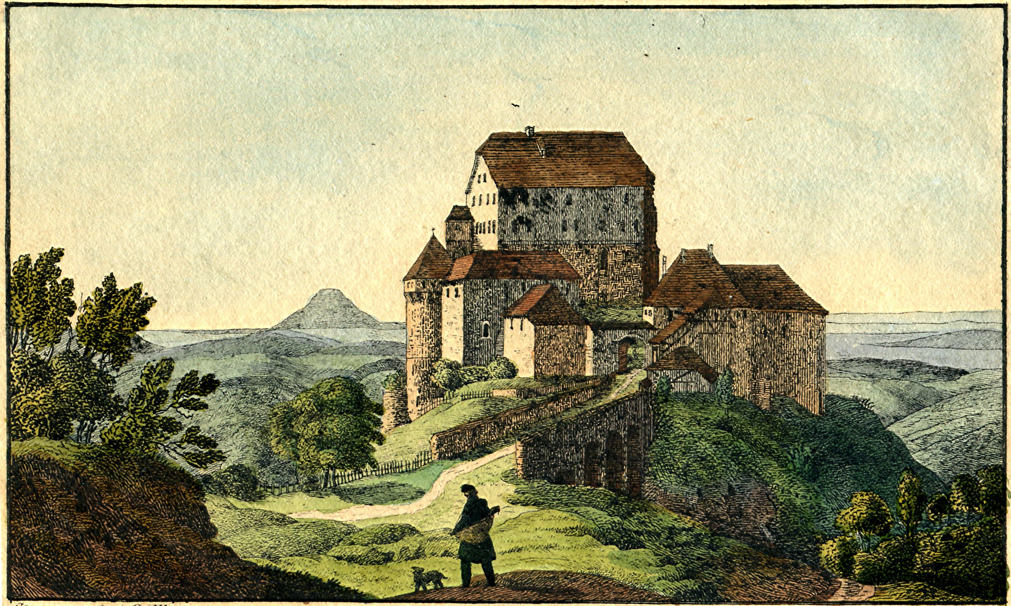 Druckgrafik: Die Burg Rechberg von Osten (Museum im Prediger / Galerie im Prediger / Silberwarenmuseum Ott-Pauser'sche Fabrik CC BY-NC-SA)