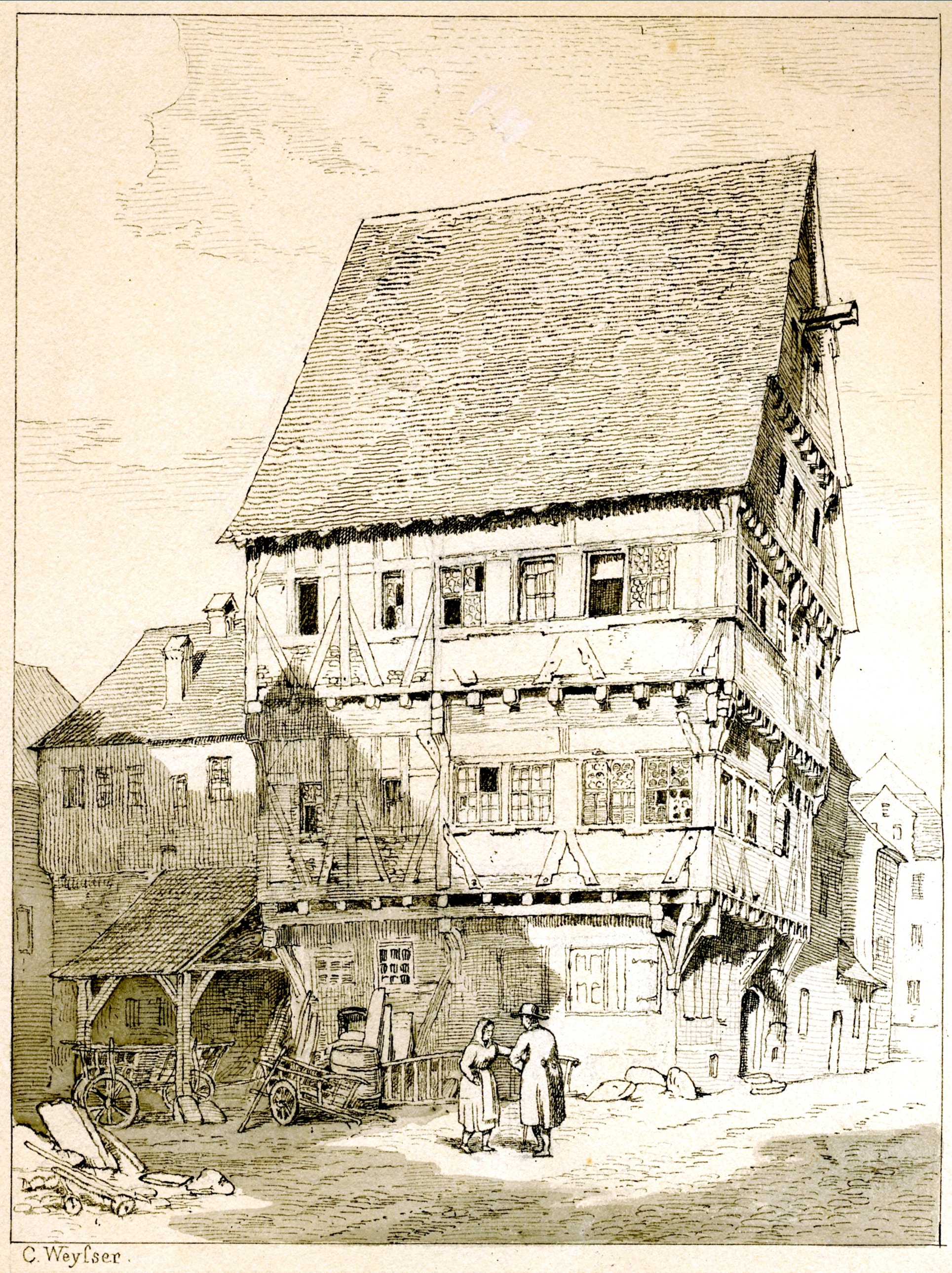 Handzeichnung: Gebäude gegenüber dem Hecht in Schwäbisch Gmünd (Museum im Prediger / Galerie im Prediger / Silberwarenmuseum Ott-Pauser'sche Fabrik CC BY-NC-SA)