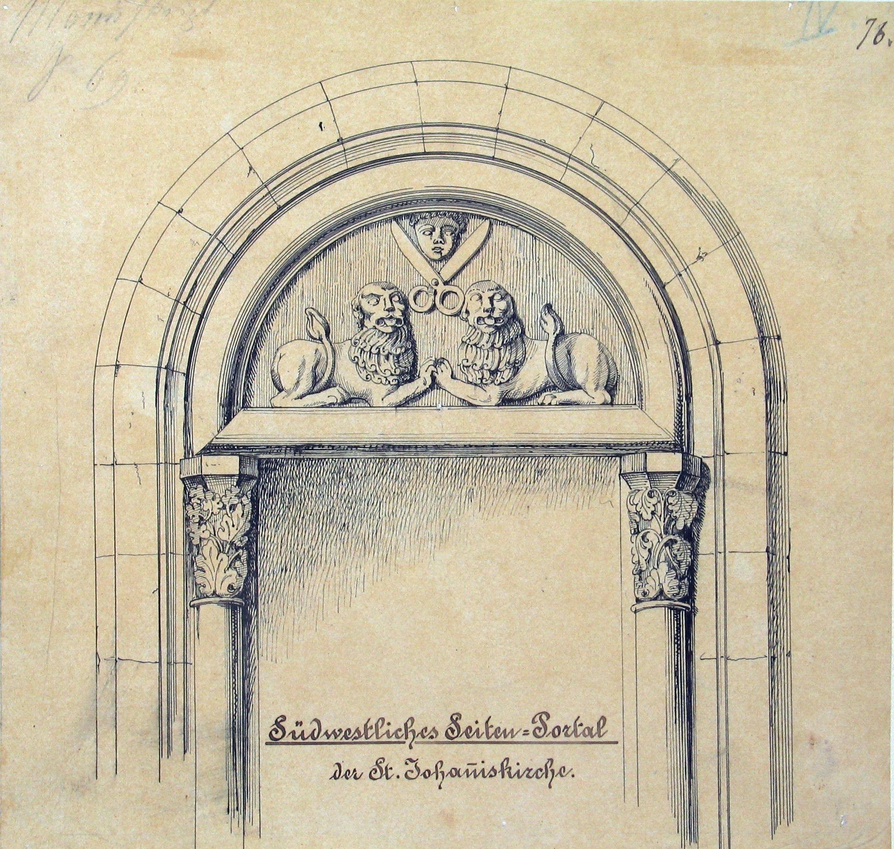 Handzeichnung: Südwestliches Seitenportal der Johanniskirche in Schwäbisch Gmünd (Museum im Prediger / Galerie im Prediger / Silberwarenmuseum Ott-Pauser'sche Fabrik CC BY-NC-SA)