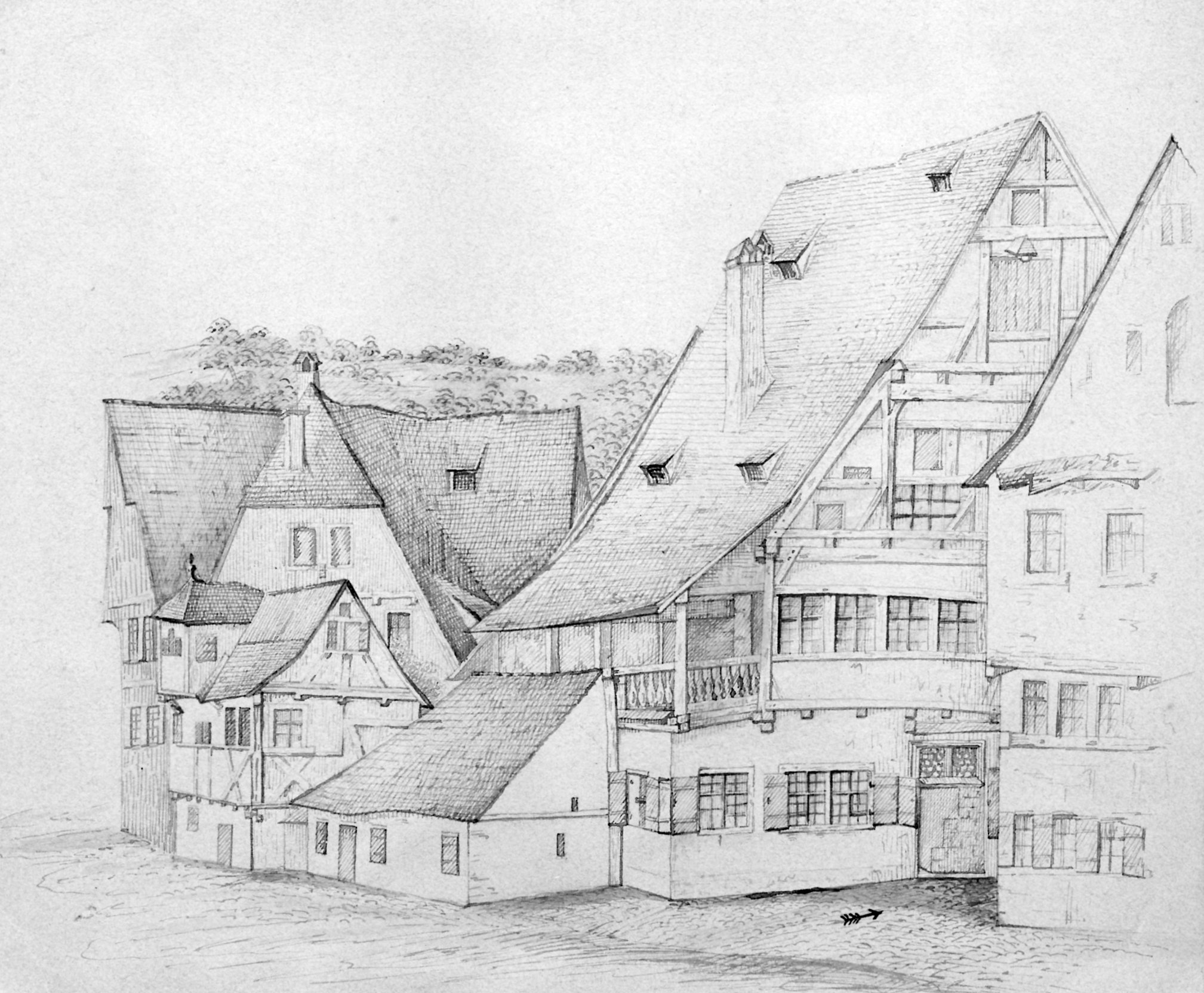 Handzeichnung: Gebäude auf dem Kalten Markt in Schwäbisch Gmünd (Museum im Prediger / Galerie im Prediger / Silberwarenmuseum Ott-Pauser'sche Fabrik CC BY-NC-SA)
