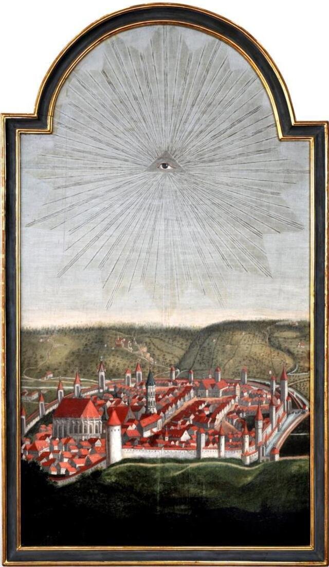 Ansicht der Stadt Schwäbisch Gmünd mit Auge Gottes (ehemals Altarbild) (Museum und Galerie im Prediger CC BY-NC-SA)