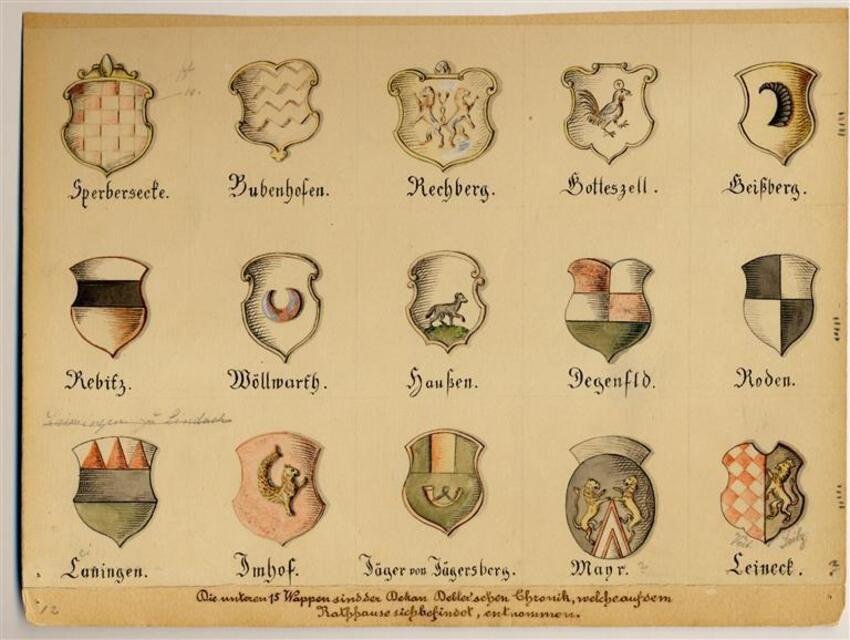 Fünfzehn Wappen aus der Debler' schen Chronik (Museum und Galerie im Prediger CC BY-NC-SA)