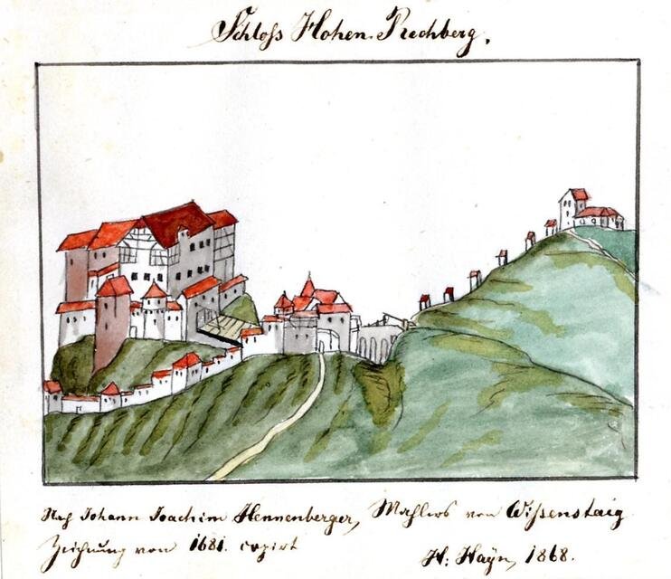 Ansicht der Burg Rechberg von Süden (in der Art einer Miniatur) (Museum und Galerie im Prediger CC BY-NC-SA)