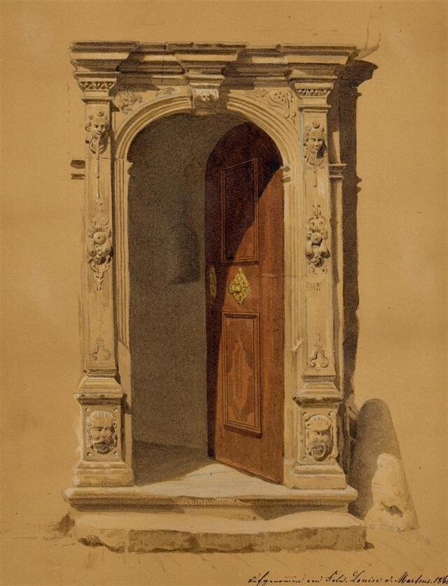 Schwäbisch Gmünd: Türe eines Hauses in der Nähe der Fuggerei [Rückseite: Kaplanei-Gebäude zu der St. Leonhardskapelle, JEB-1868-K-L-7] (Museum und Galerie im Prediger CC BY-NC-SA)