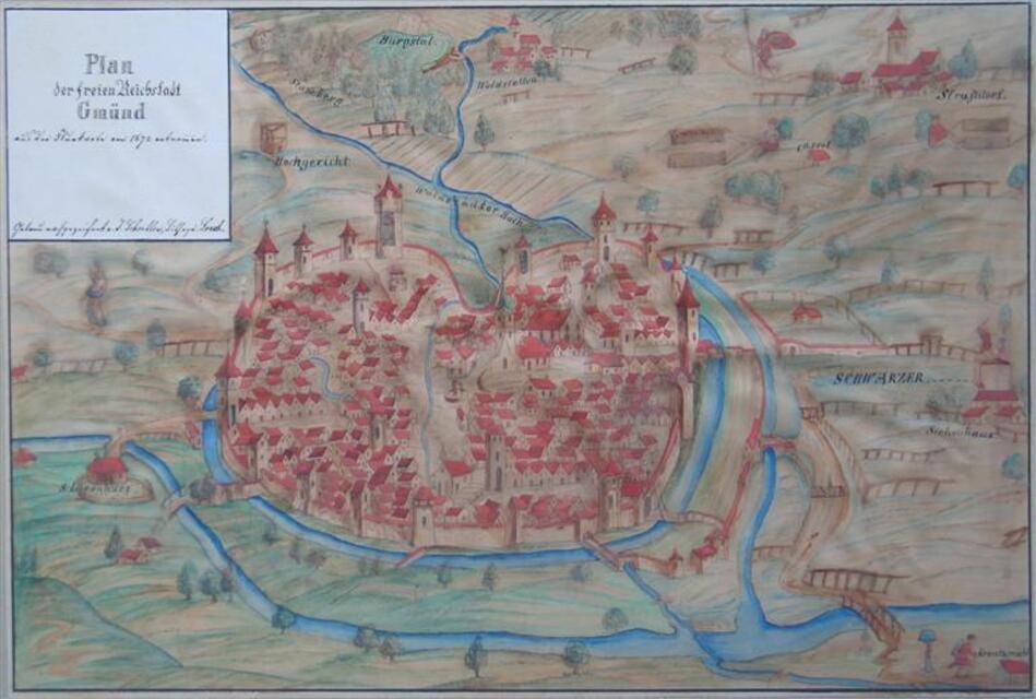 Plan der freien Reichsstadt Gmünd (Ausschnitt aus der freien Pirschkarte) (Museum und Galerie im Prediger CC BY-NC-SA)