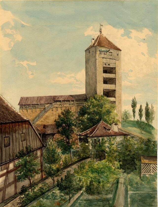 Schwäbisch Gmünd: Der Königsturm von Norden (Museum und Galerie im Prediger CC BY-NC-SA)