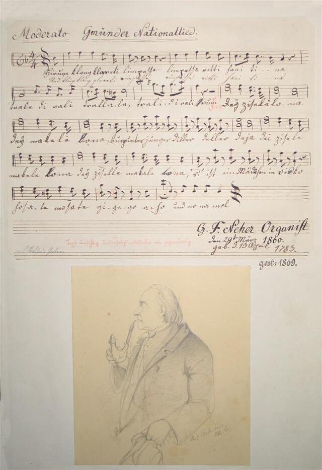 Partitur eines Gmünder Nationalliedes/ Brustbildnis des Organisten Georg Franz Neher (Schwäbisch Gmünd 1782 - 1869) (Museum und Galerie im Prediger CC BY-NC-SA)
