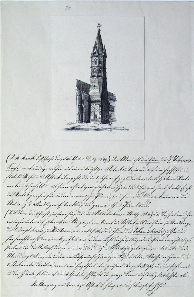 Johanniskirche: Der Turm der Johanniskirche mit einer Beschriftung von Julius Erhard (Museum und Galerie im Prediger CC BY-NC-SA)
