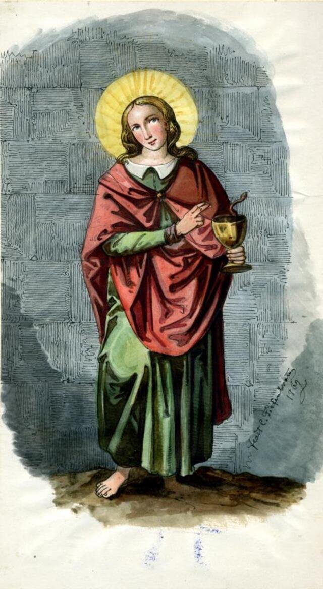 Heiligenfigur: Johannes der Evangelist (nach einer früheren Innenbemalung der Johanniskirche in Schwäbisch Gmünd) (Museum und Galerie im Prediger CC BY-NC-SA)