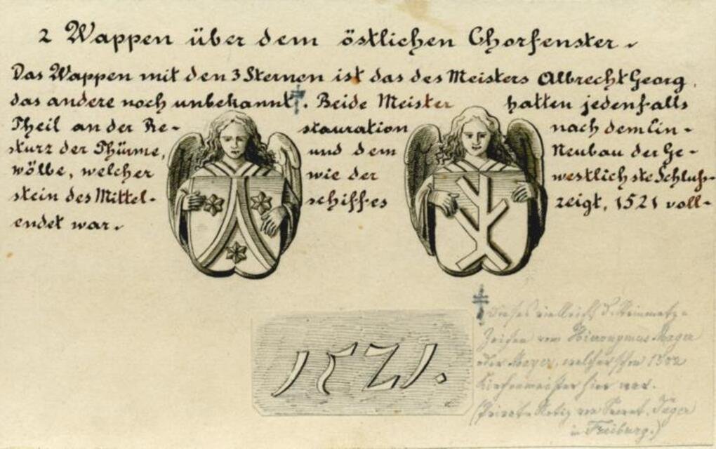 Zwei Wappen über dem östlichen Chorfenster des Heilig-Kreuz-Münsters in Schwäbisch Gmünd (Museum und Galerie im Prediger CC BY-NC-SA)
