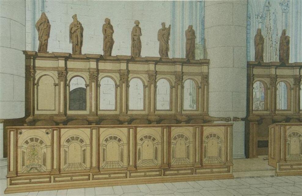 Chorgestühl des Heilig-Kreuz-Münsters (Ansicht der Nordseite von Süden) in Schwäbisch Gmünd [Rückseite und Namen der Doppelfiguren oberhalb der Chorstühle (Museum und Galerie im Prediger CC BY-NC-SA)
