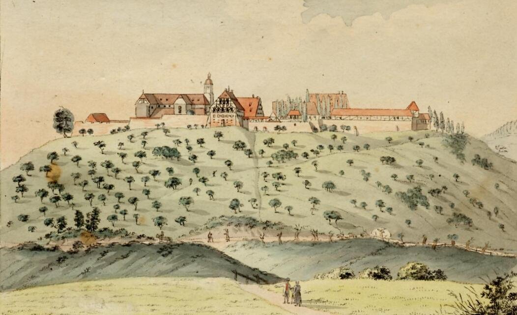 Ansicht des Klosters Lorch von Süden [mit auf der Vorderseite: Zeichnung des Irenringes, JEB-1839-Varia-19; auf der Rückseite der Unterlage: "Skizzen von d (Museum und Galerie im Prediger CC BY-NC-SA)