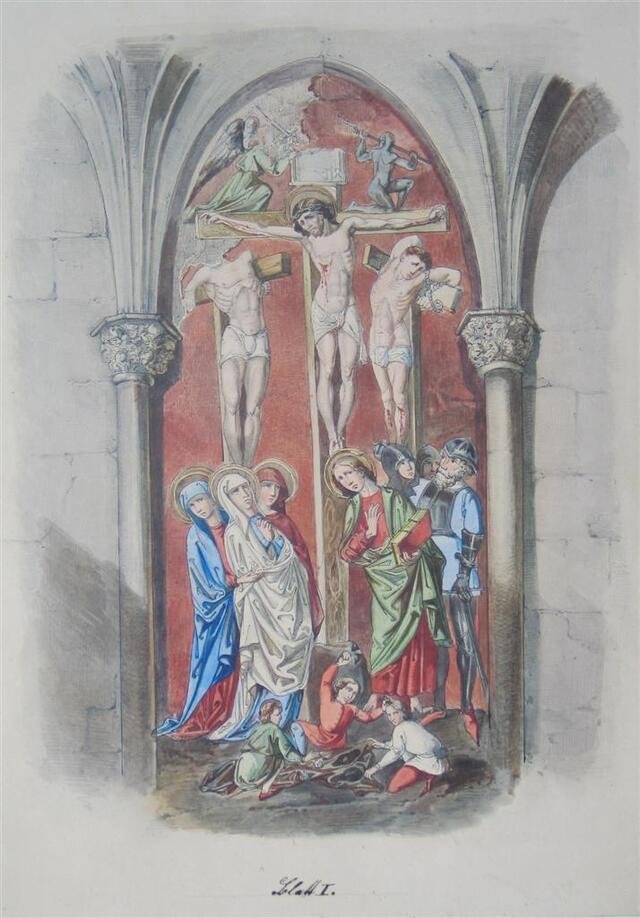 Kopie der Wandmalerei in der Chorscheitelkapelle des Heilig-Kreuz-Münsters in Schwäbisch Gmünd/ Die Kreuzigung (Südseite) (Museum und Galerie im Prediger CC BY-NC-SA)