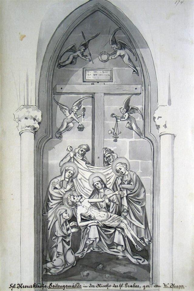 Kopie der Wandmalerei in der Chorscheitelkapelle des Heilig-Kreuz-Münsters (Nordseite) in Schwäbisch Gmünd/ Die Beweinung Christi (Museum und Galerie im Prediger CC BY-NC-SA)