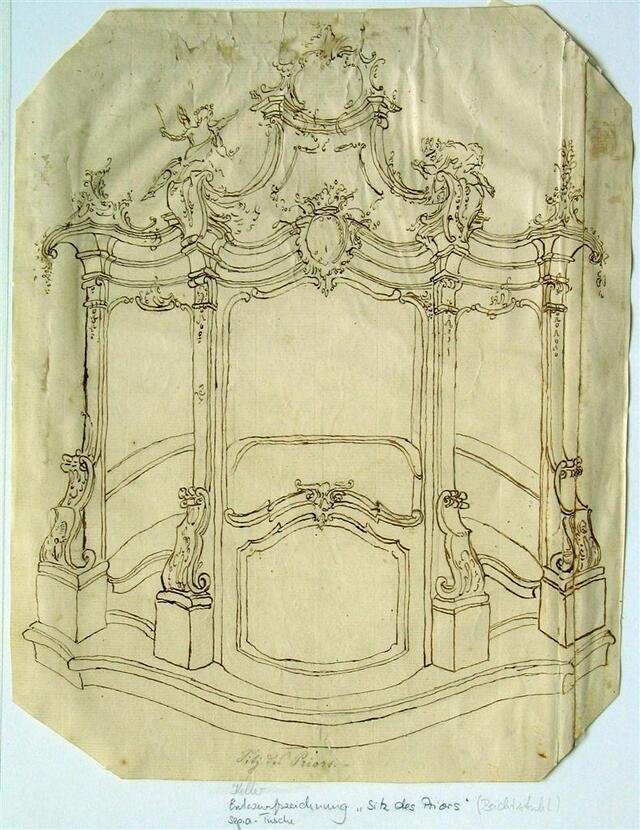 Schwäbisch Gmünd: Entwurfszeichnung "Sitz des Priors" (Titel) für einen Beichtstuhl im (ehemaligen) Dominikanerkloster (Prediger) (Museum und Galerie im Prediger CC BY-NC-SA)