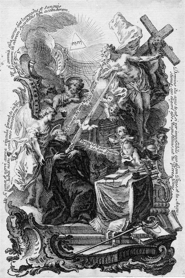 Vision des Augustinus im Studierzimmer (nach einem Fresko an der nördlichen Chorwand der Augustinuskirche) [Augustinus-Vita Nr. 16] (Museum und Galerie im Prediger CC BY-NC-SA)