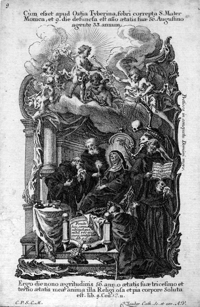 Monika, die Mutter des Augustinus, auf dem Sterbebett (nach einem Fresko in der Augustinuskirche) [Augustinus-Vita Nr. 9] (Museum und Galerie im Prediger CC BY-NC-SA)