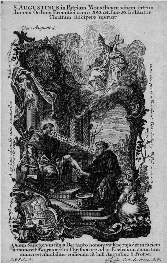 Augustinus wäscht einem Pilger die Füße (nach einem Ausschnitt aus dem Deckengemälde der Augustinerkirche nördlich) [Augustinus-Vita Nr. 8] (Museum und Galerie im Prediger CC BY-NC-SA)