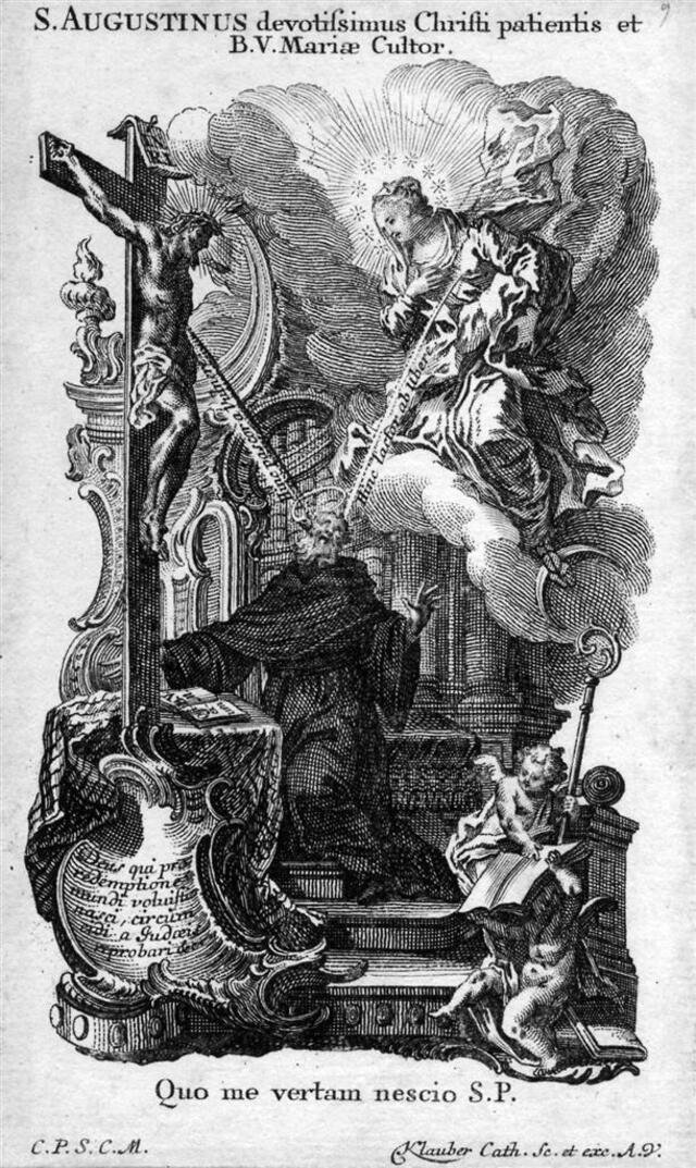 Der Gekreuzigte und die Muttergottes erscheinen Augustinus (nach dem Mittelbild an der Brüstung der Orgelempore) [Augustinus-Vita Nr.15] (Museum und Galerie im Prediger CC BY-NC-SA)