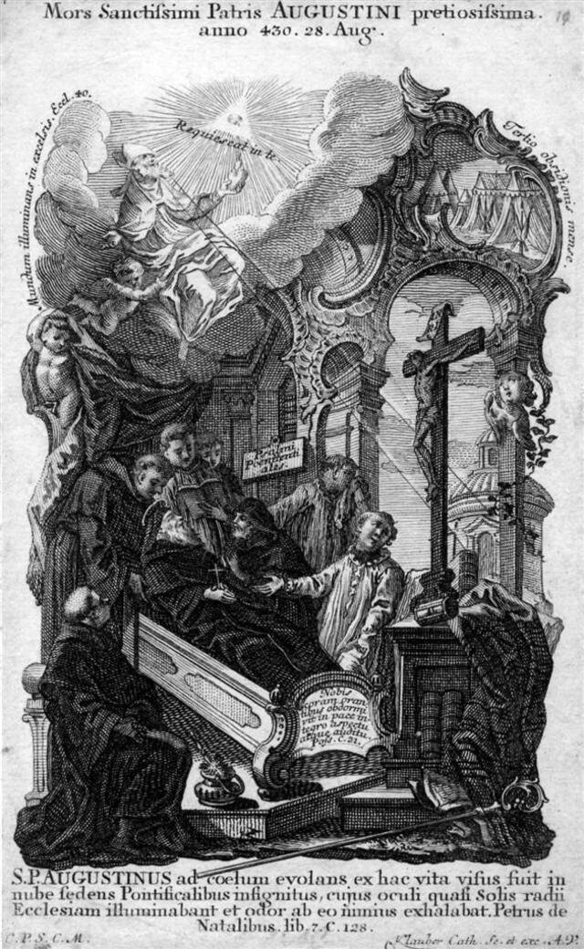 Augustinus auf dem Sterbebett (nach dem linken Bild der Orgelbrüstungin der Augustinuskirche) [Augustinus-Vita Nr. 17] (Museum und Galerie im Prediger CC BY-NC-SA)